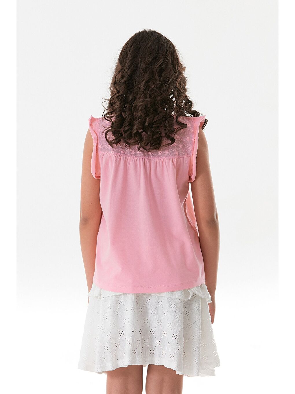 Pembe Kolu Fırfırlı Çiçek Nakışlı Kız Çocuk Bluz-3