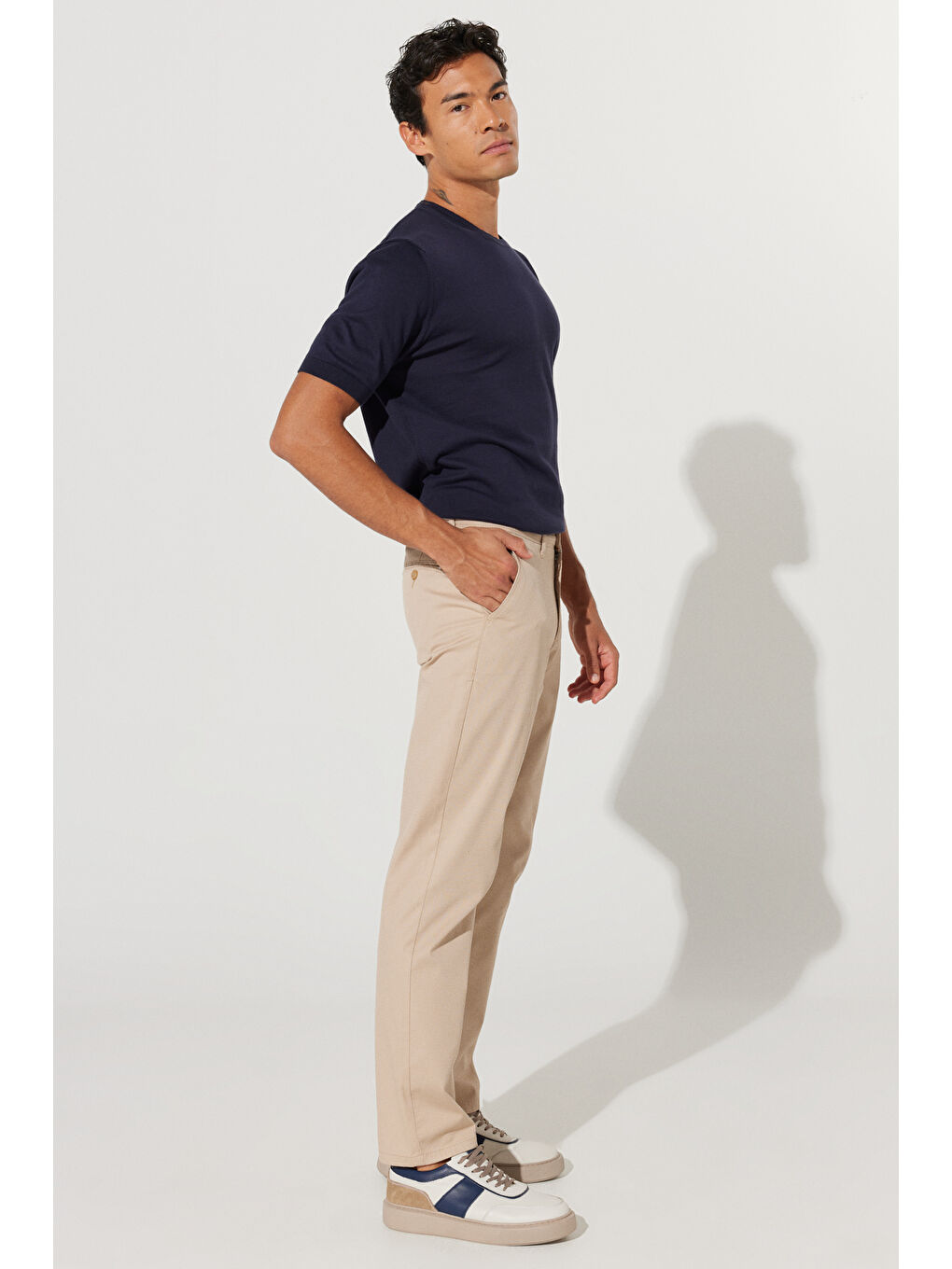 Erkek Bej Comfort Fit Rahat Kesim Yan Cepli Pamuklu Desenli Esnek Pantolon