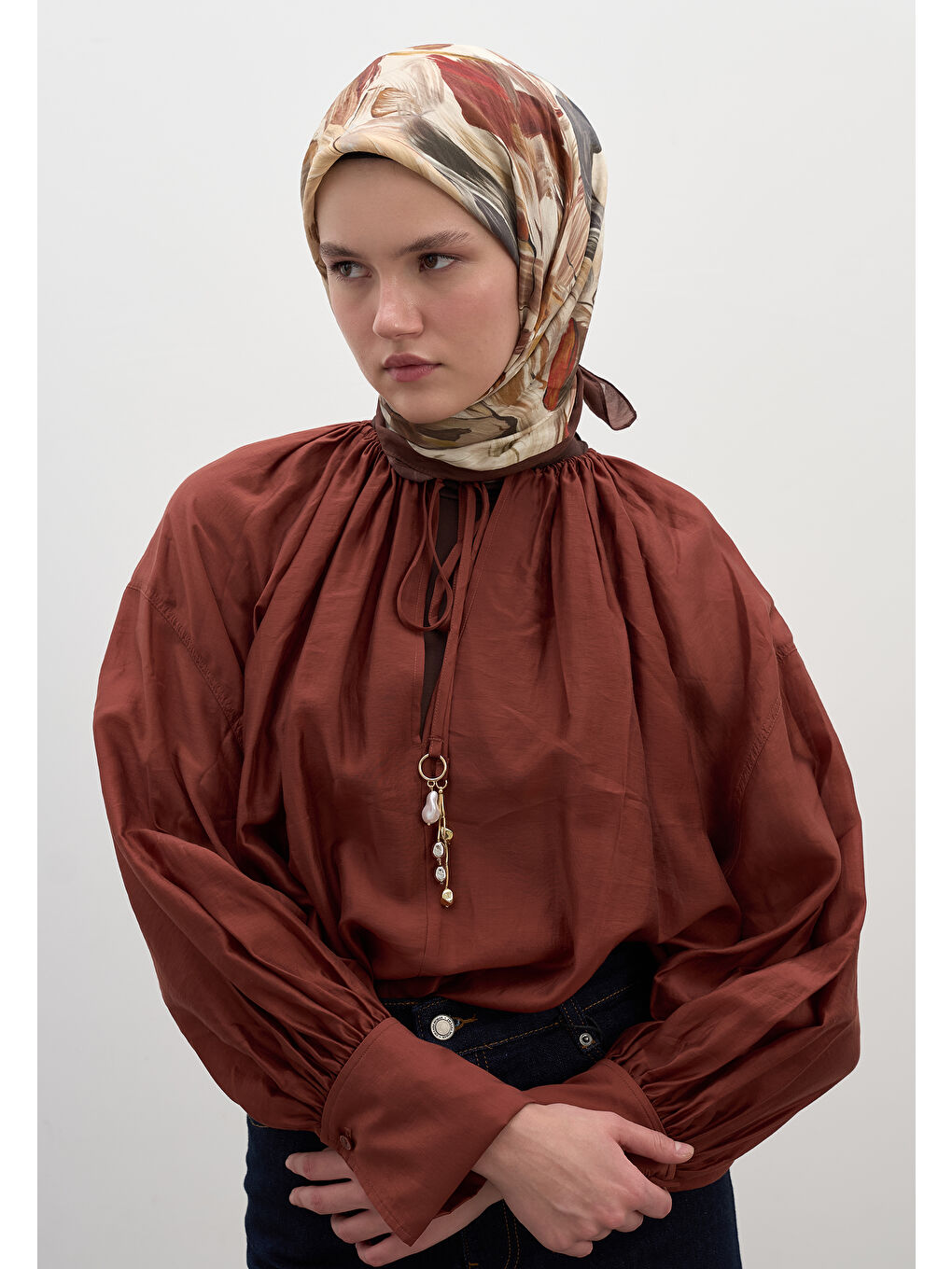 Kahverengi Vanılla Blossom Desen Pamuklu Viskon Eşarp Sıcak Kahve-2