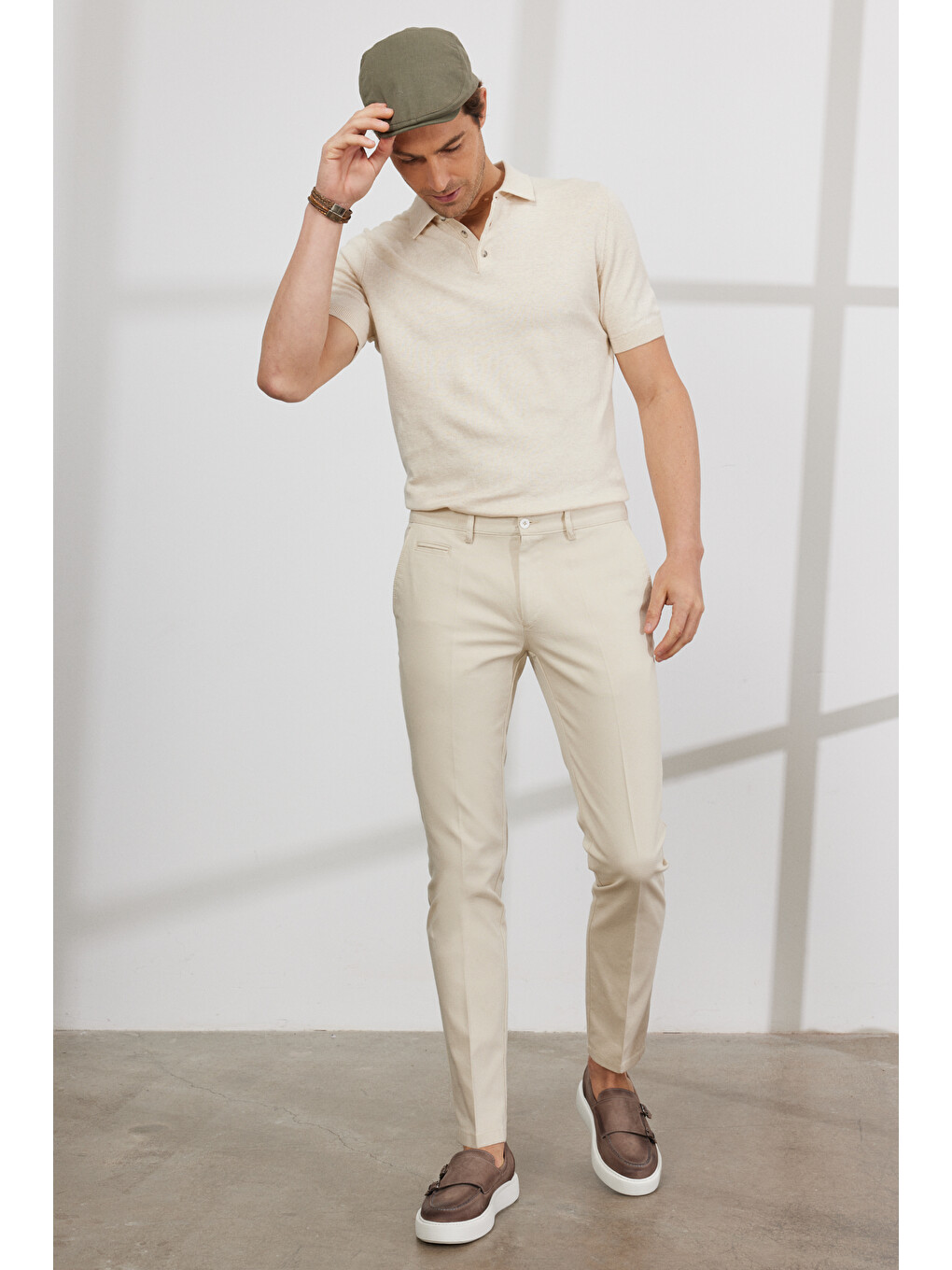 Erkek Ekru Slim Fit Dar Kesim Yan Cepli Pamuklu Esnek Armürlü Pantolon-1