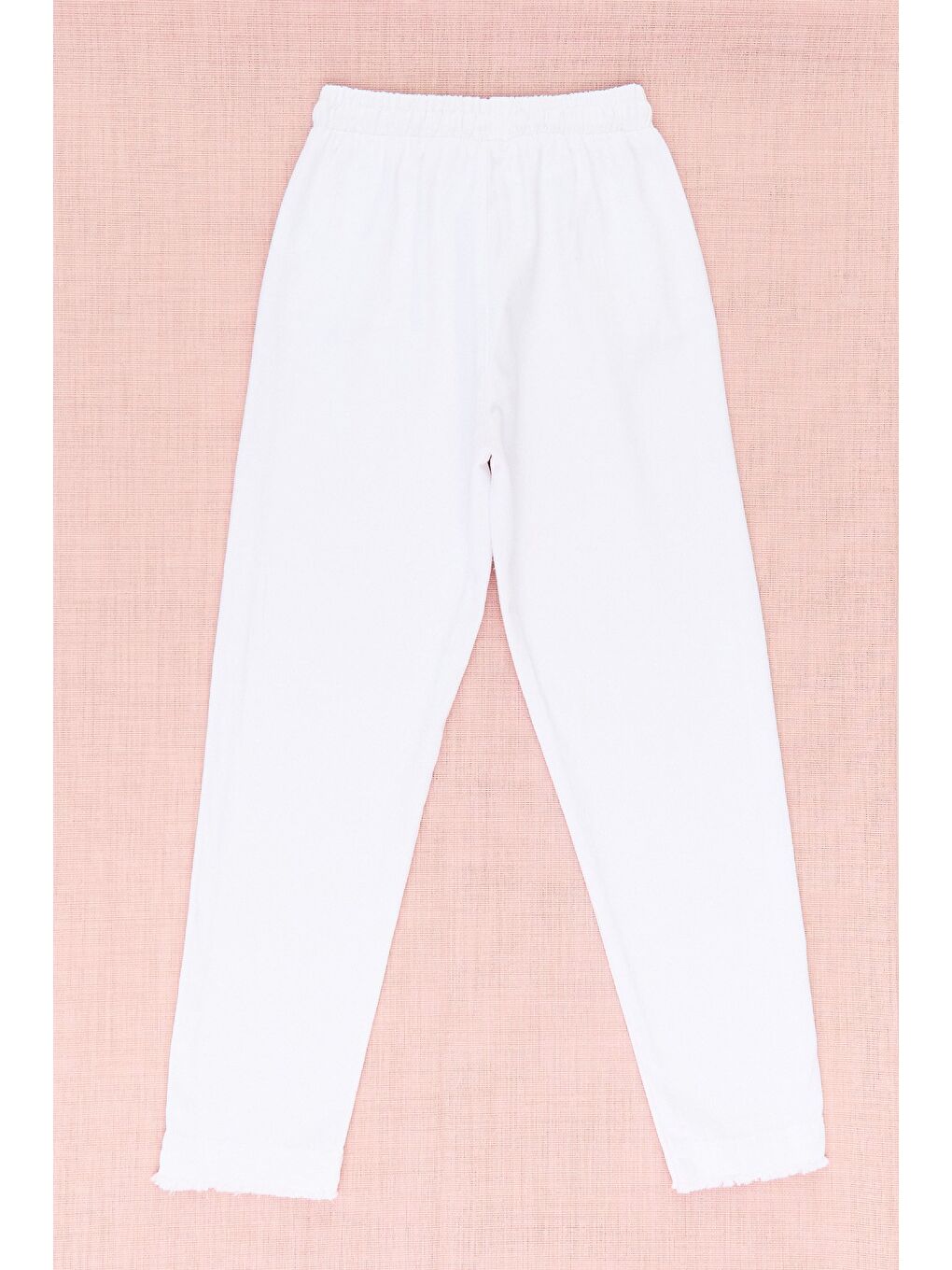 Beyaz Beli Lastikli Paçası Püsküllü Pantolon-1