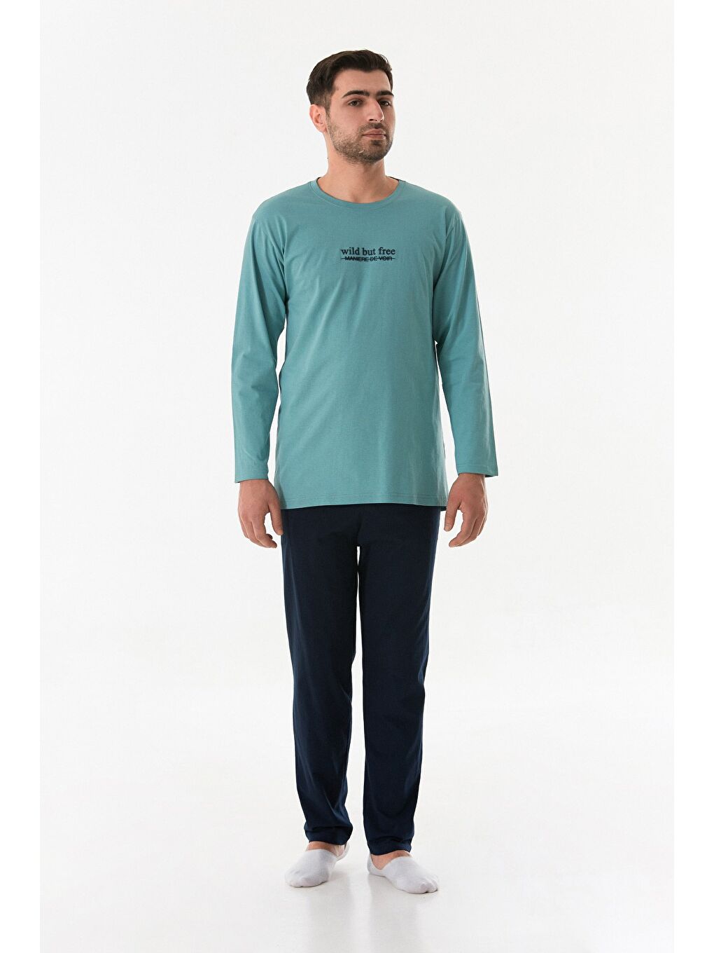 Mavi Wild But Free Yazı Kabartmalı Bisiklet Yaka Pijama Takımı