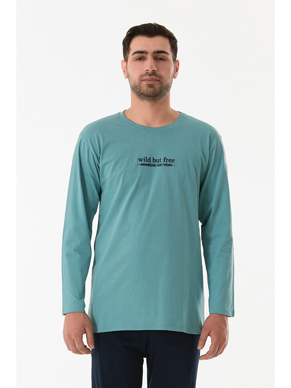 Mavi Wild But Free Yazı Kabartmalı Bisiklet Yaka Pijama Takımı-1