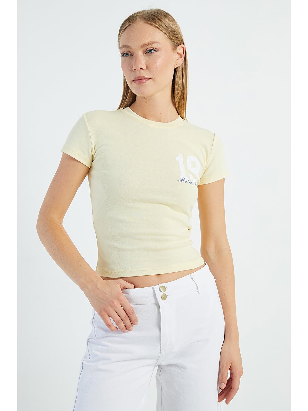 Sarı 19 Baskılı Slim Fit Tişört