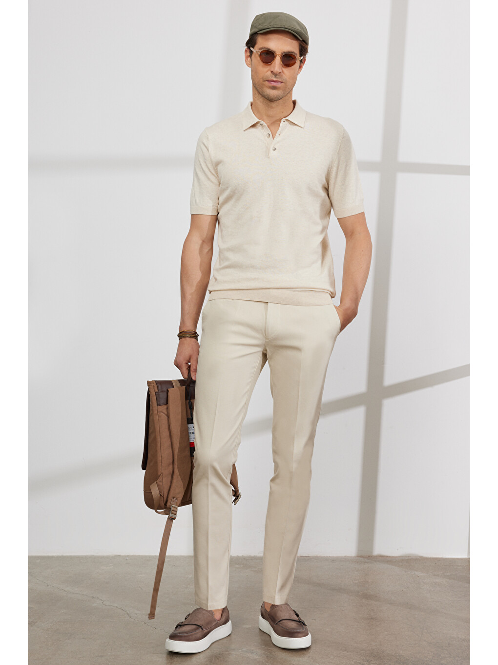 Erkek Ekru Slim Fit Dar Kesim Yan Cepli Pamuklu Esnek Armürlü Pantolon-2