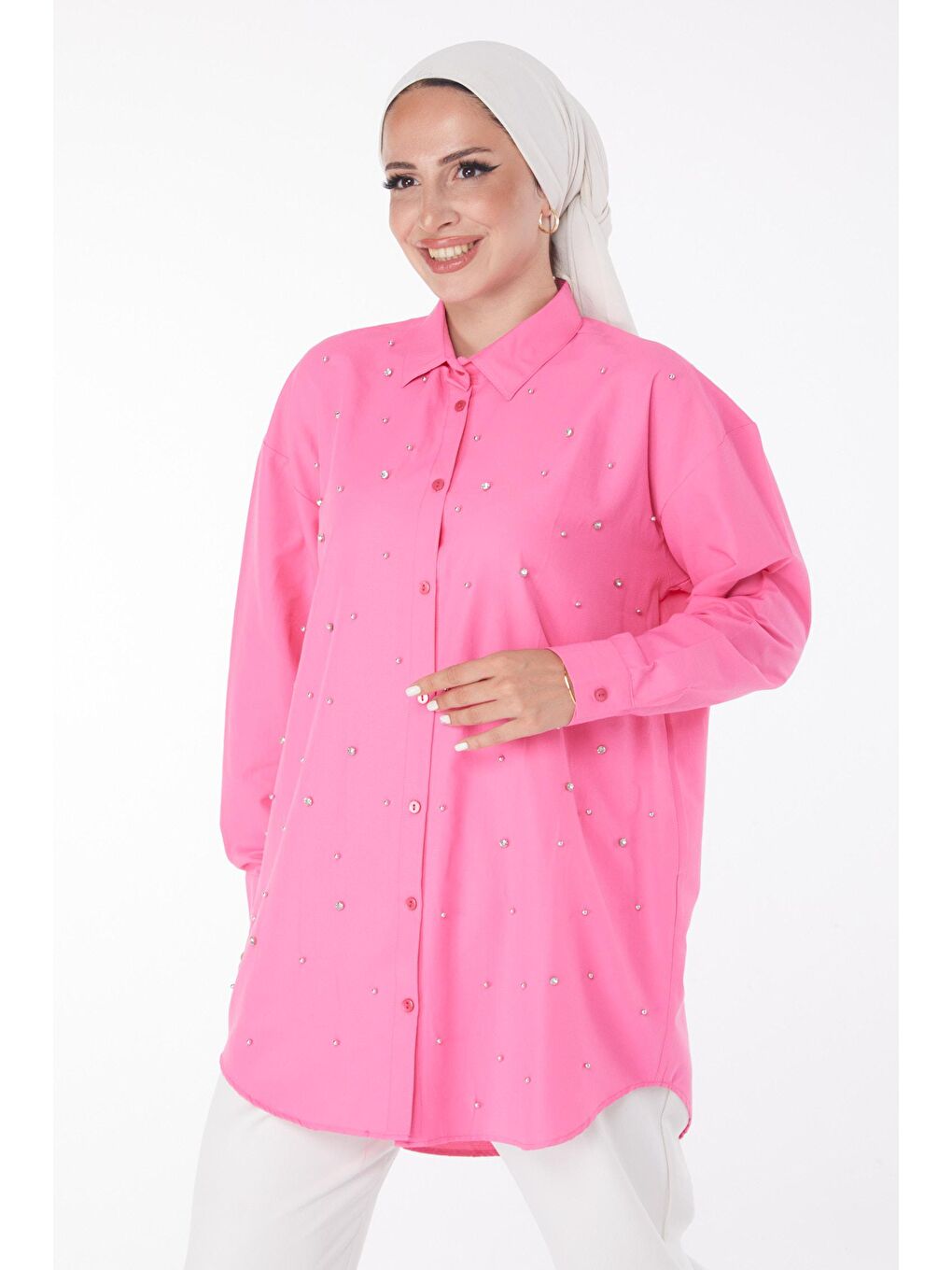 TOFİSA Pembe Düz Gömlek Yaka Kadın Pembe Taşlı Tunik - 25908 - 1