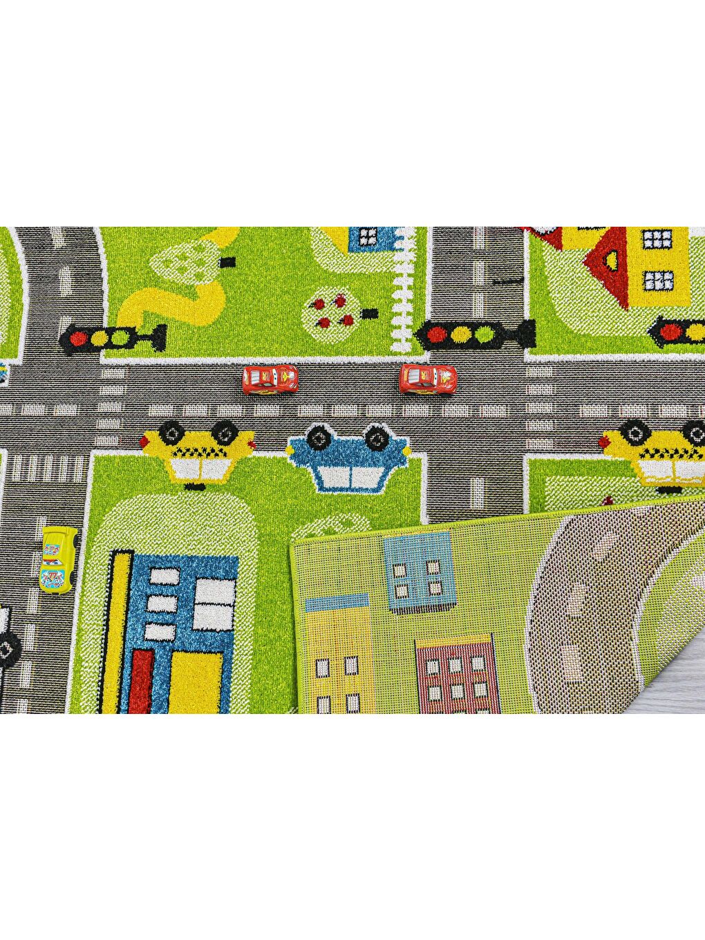 3 Boyutlu Yeşil Trafik Arabalı Dokuma Çocuk Oyun Halısı-140x200-2