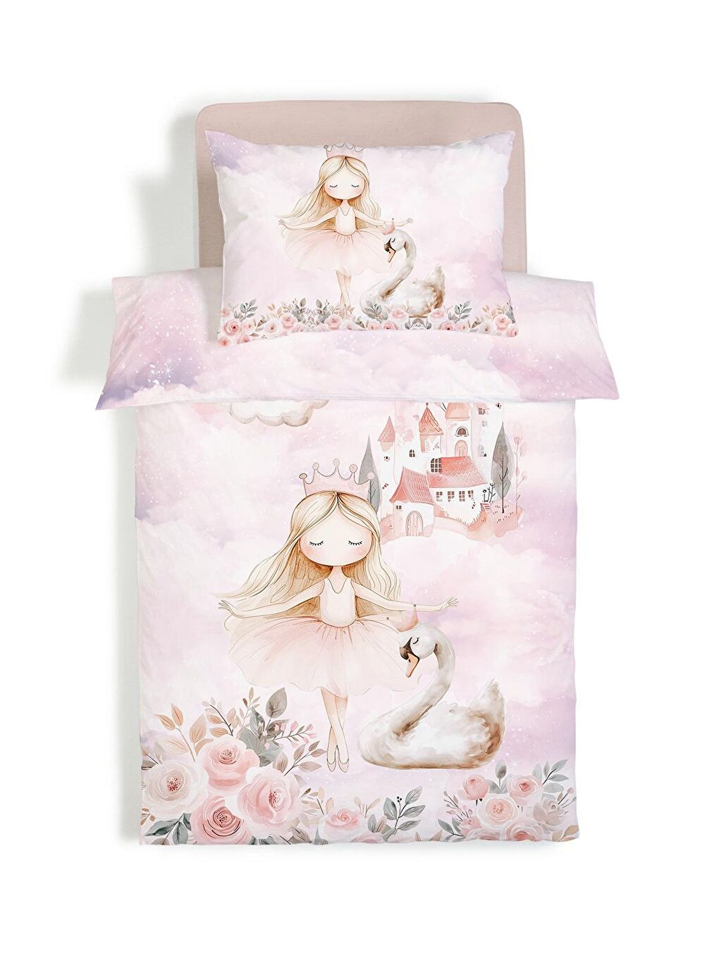 Karışık Masal Prensesi Kuğu Desenli Çarşafsız 2'li Takım Baskılı Tek Kişilik Nevresim Takımı 160x220 cm-1
