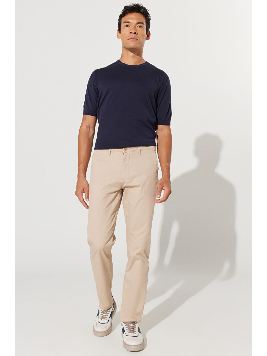 Erkek Bej Comfort Fit Rahat Kesim Yan Cepli Pamuklu Desenli Esnek Pantolon-1