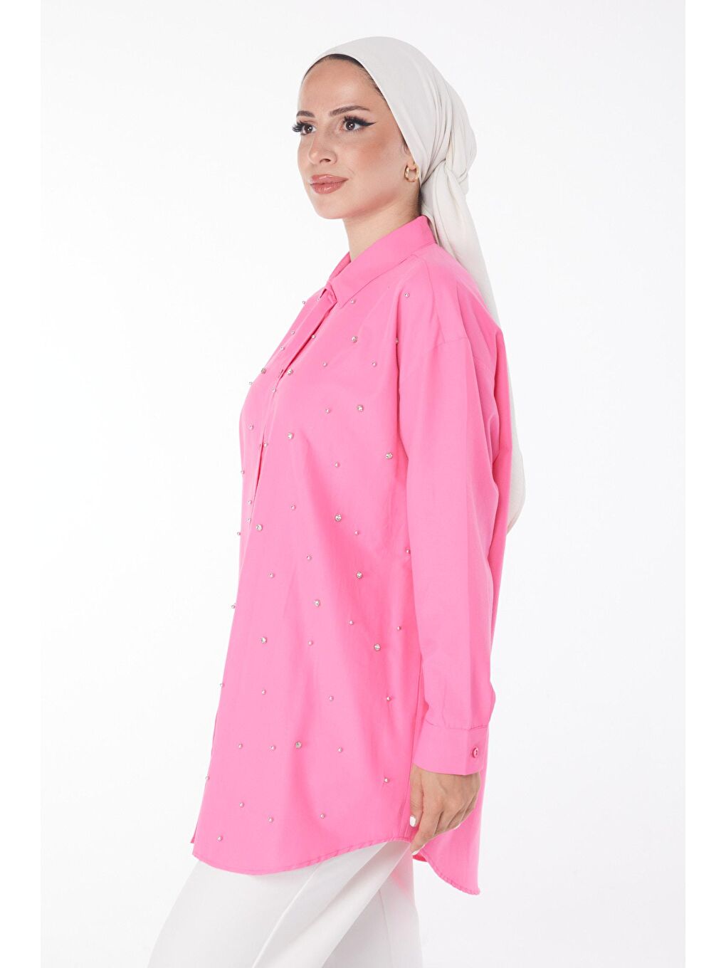 TOFİSA Pembe Düz Gömlek Yaka Kadın Pembe Taşlı Tunik - 25908 - 2