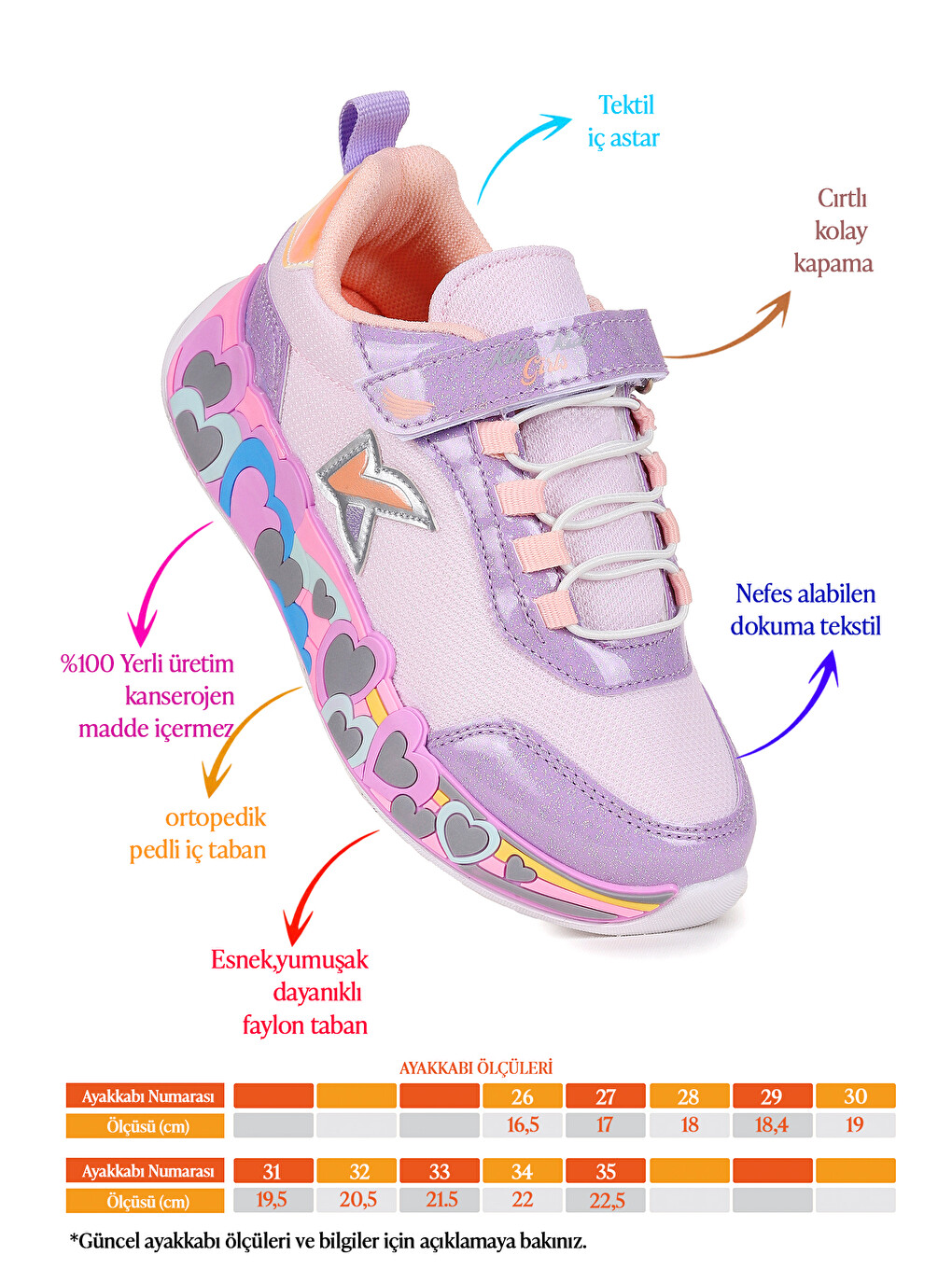 Lila Heart Günlük Cırtlı Kız Çocuk Spor Ayakkabı-1