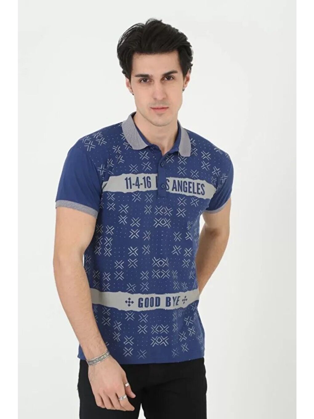 Erkek Yakalı Slim Fit Baskılı T-Shirt - Mavi