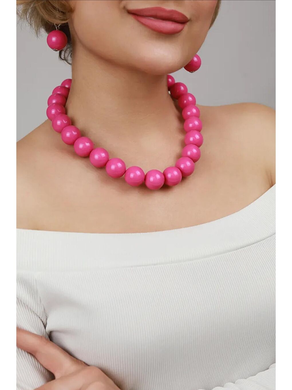 Fuşya Büyük Boncuklu Kadın Kolye - 20mm Boncuklu-2