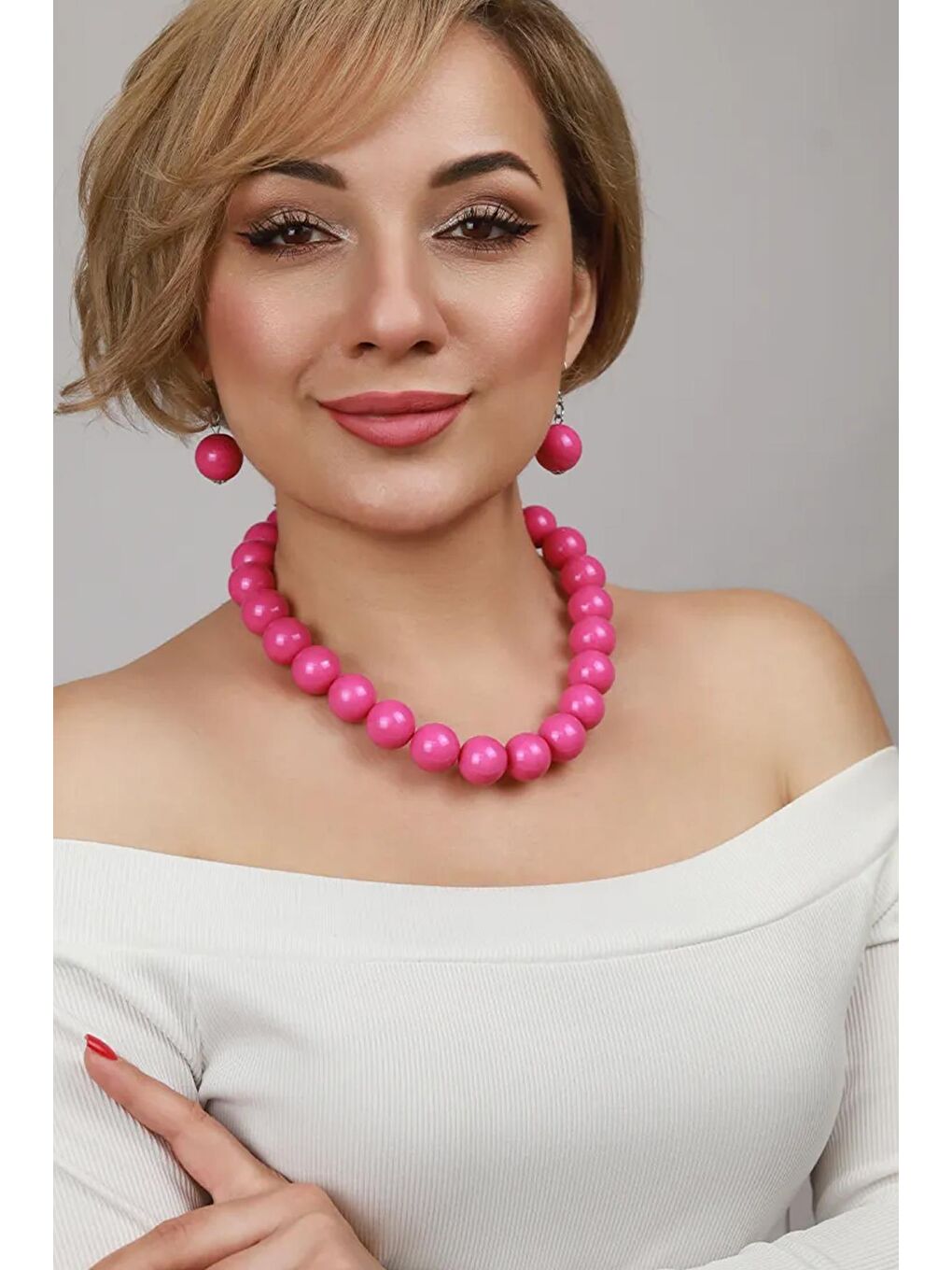 Fuşya Büyük Boncuklu Kadın Kolye - 20mm Boncuklu-5