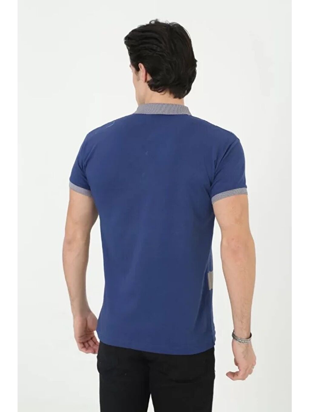 Erkek Yakalı Slim Fit Baskılı T-Shirt - Mavi-1