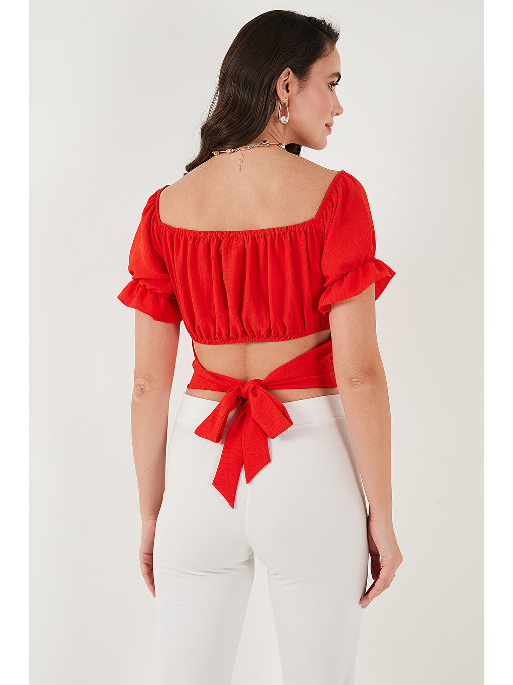 Kırmızı Regular Fit Madonna Yaka Bağlama Detaylı Crop Bluz 6527017-6