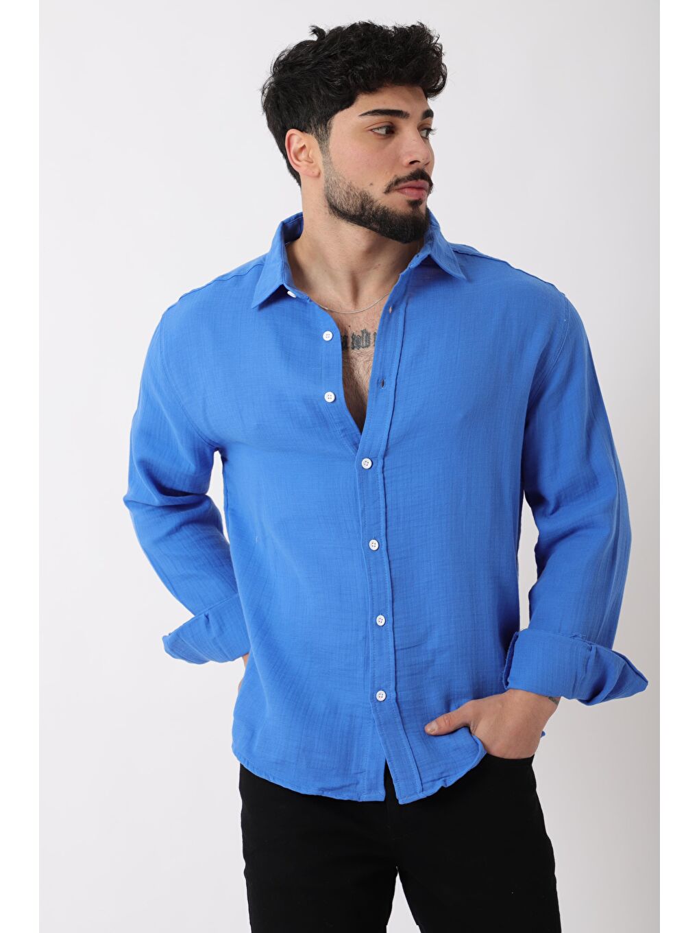 Mavi Uzun Kol Keten %100 Pamuk Gömlek BLD 7040_40368