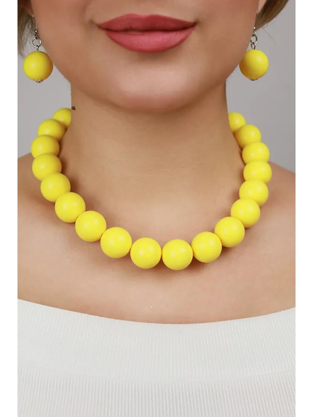 Sarı Büyük Boncuklu Kadın Kolye - 20mm Boncuklu-4
