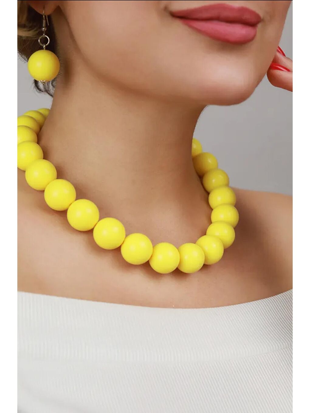Sarı Büyük Boncuklu Kadın Kolye - 20mm Boncuklu-5