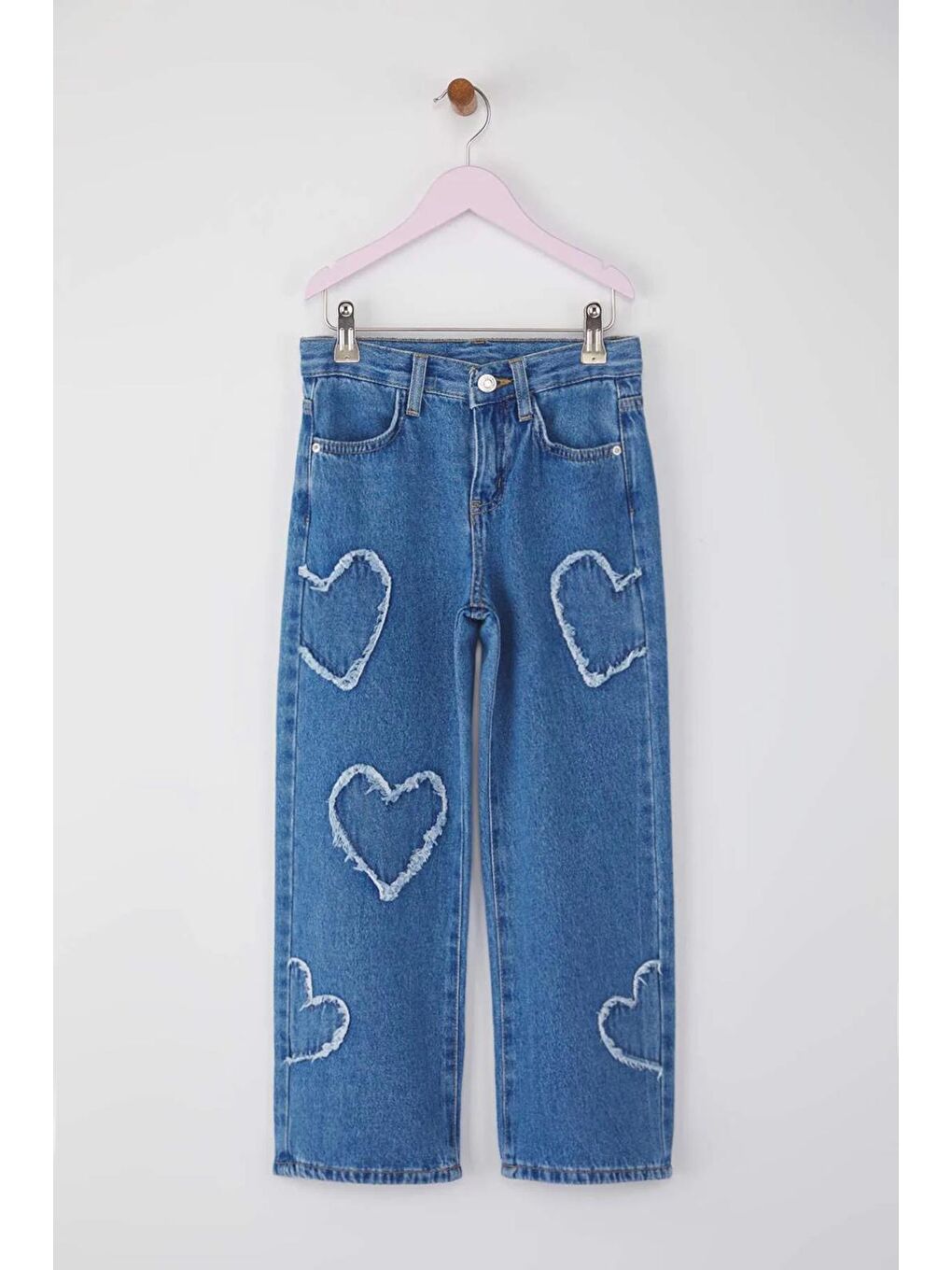 Mavi Kız Çocuk Kalp Desenli Bol Paça Jean Pantolon 5-15 Yaş-3