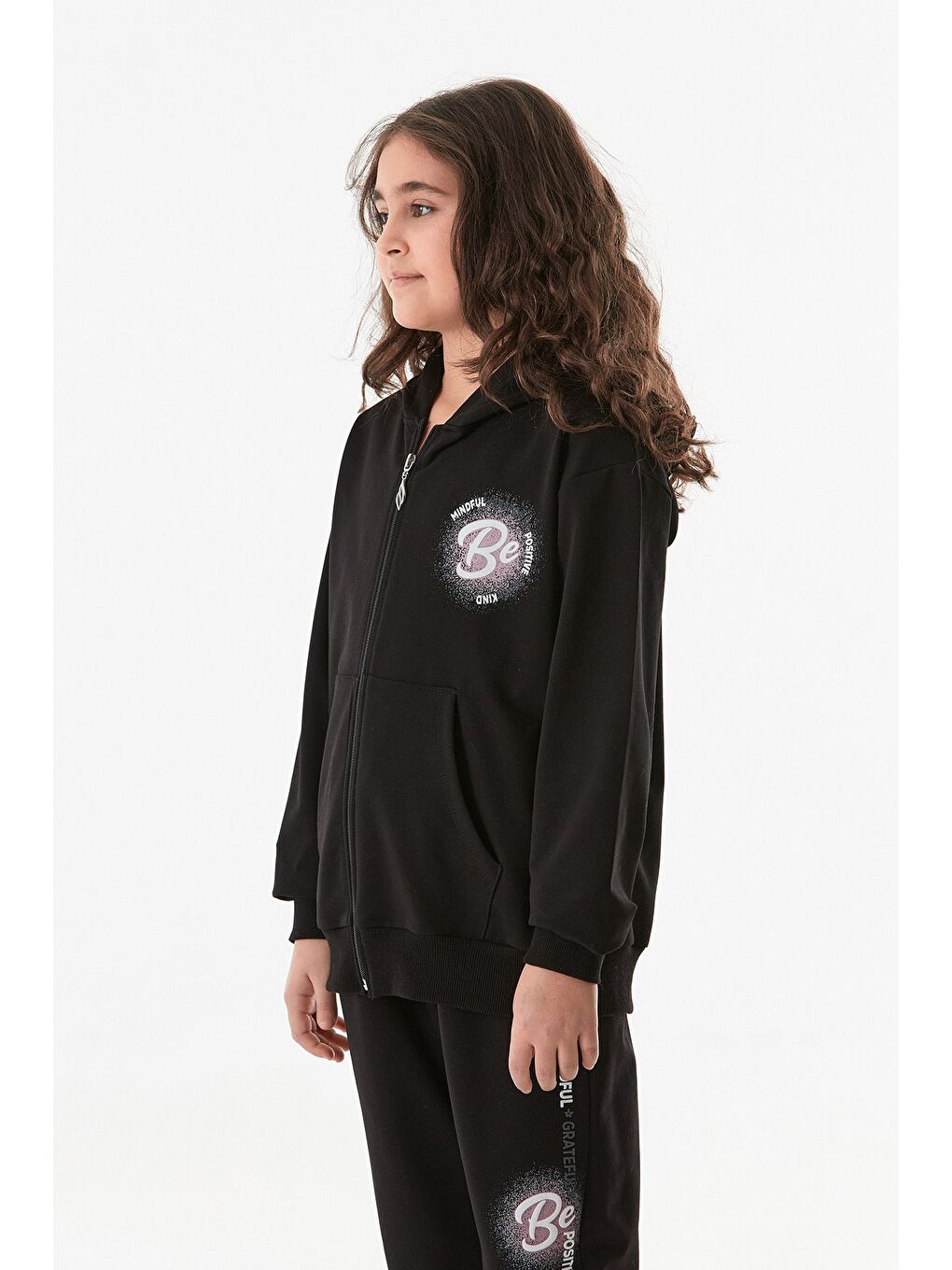 Siyah Yazı Baskılı Jogger Kız Çocuk Eşofman Takımı-1