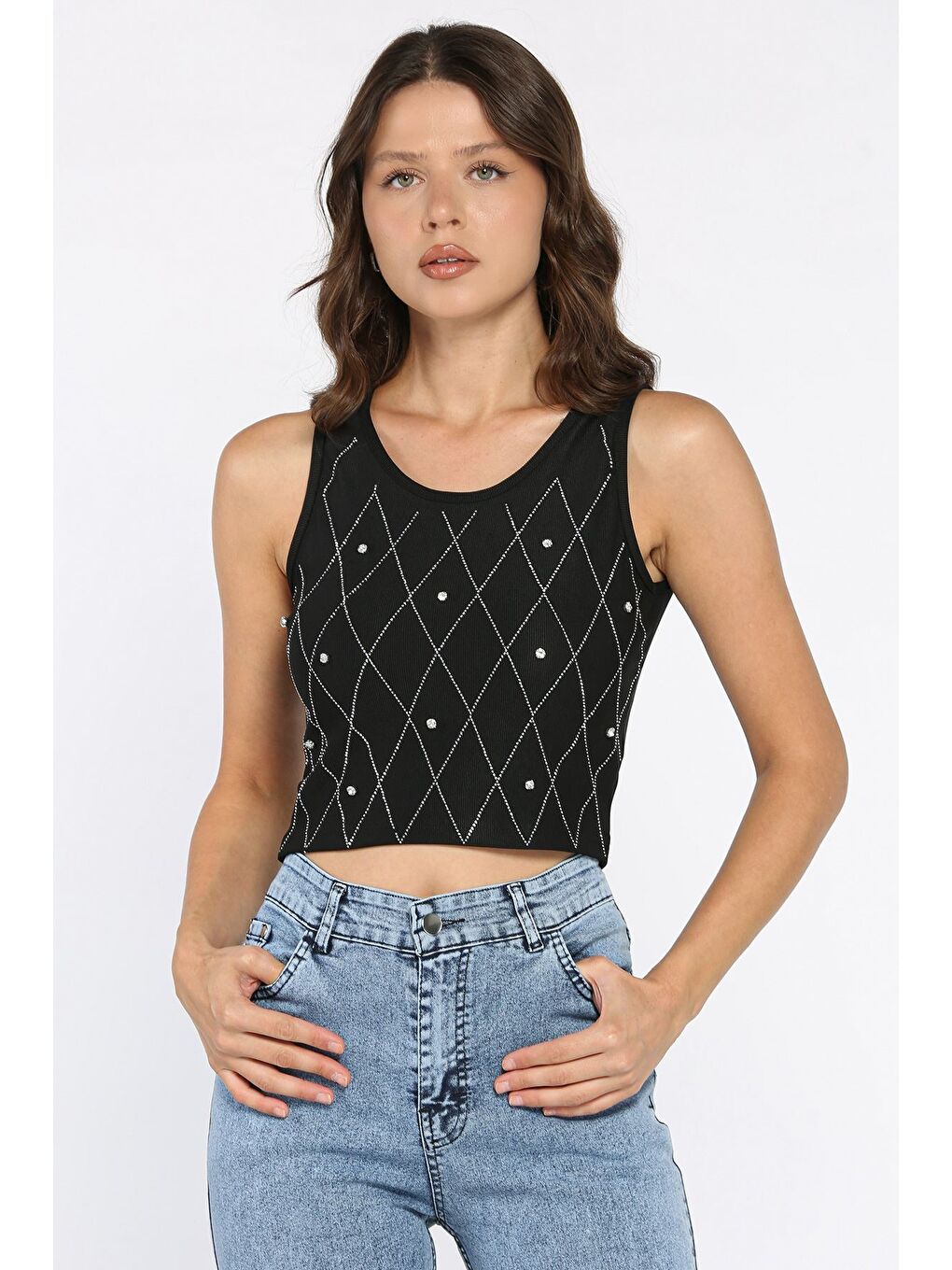 Siyah Taşlı Sıfır Kol Crop Top Bluz