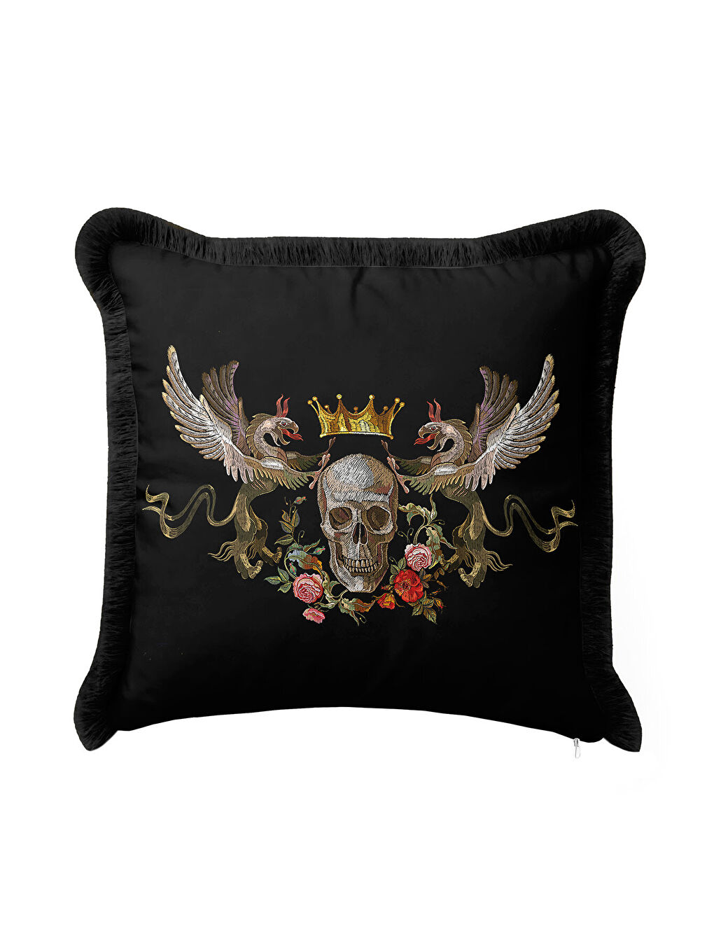 Karışık Gotik Kraliyet Saçaklı Yastık Kılıfı - Taçlı Kuru Kafa Barok Siyah Renk Bohem Püsküllü Kırlent Kılıf-4