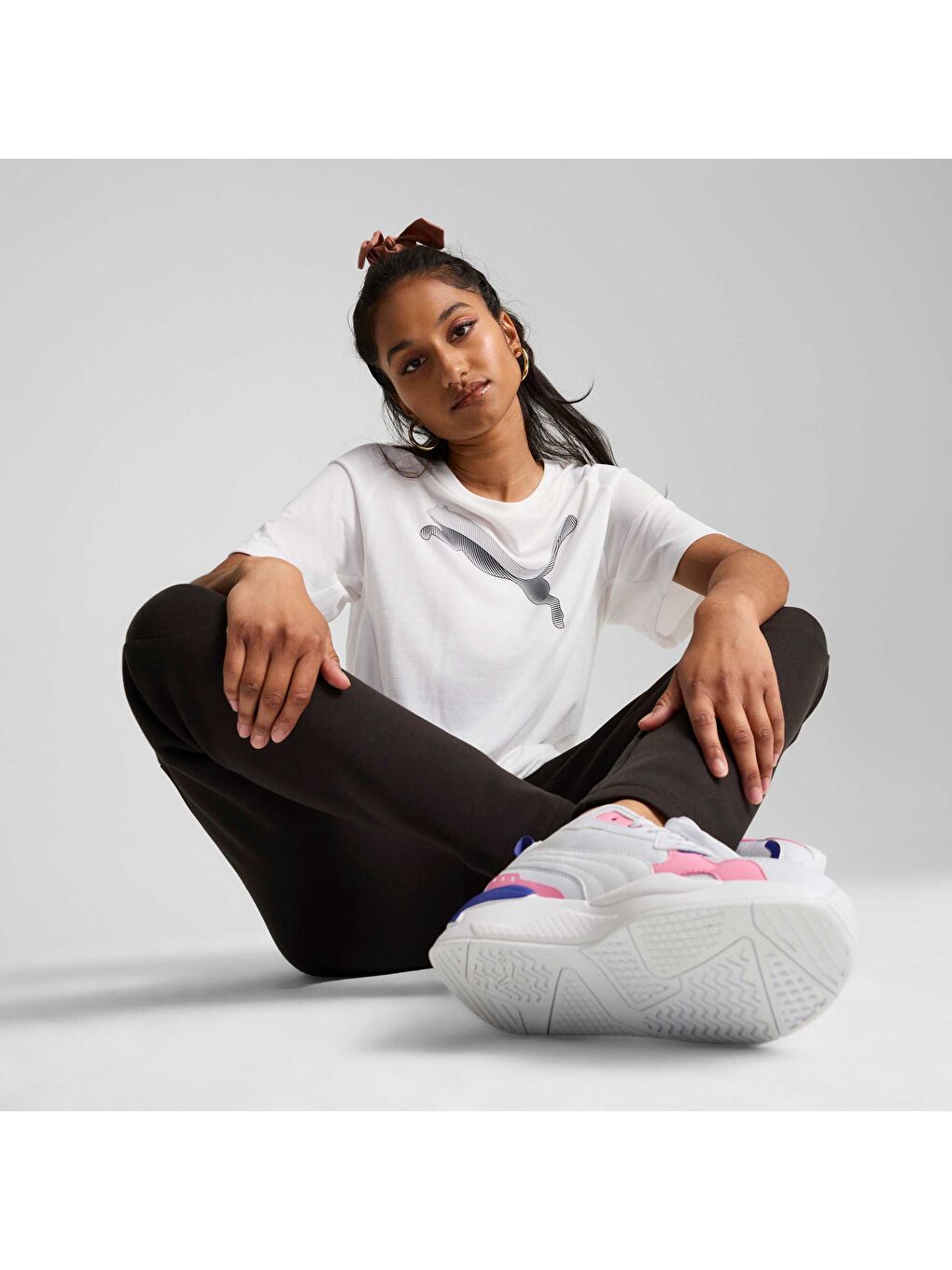 Beyaz EVOSTRIPE Kadın Tişört-1