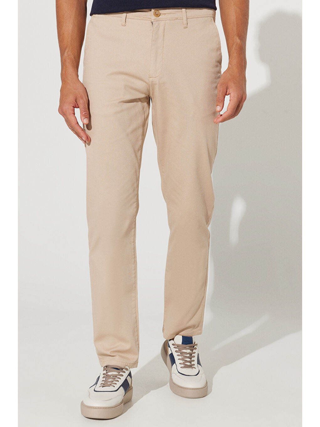 Erkek Bej Comfort Fit Rahat Kesim Yan Cepli Pamuklu Desenli Esnek Pantolon-2