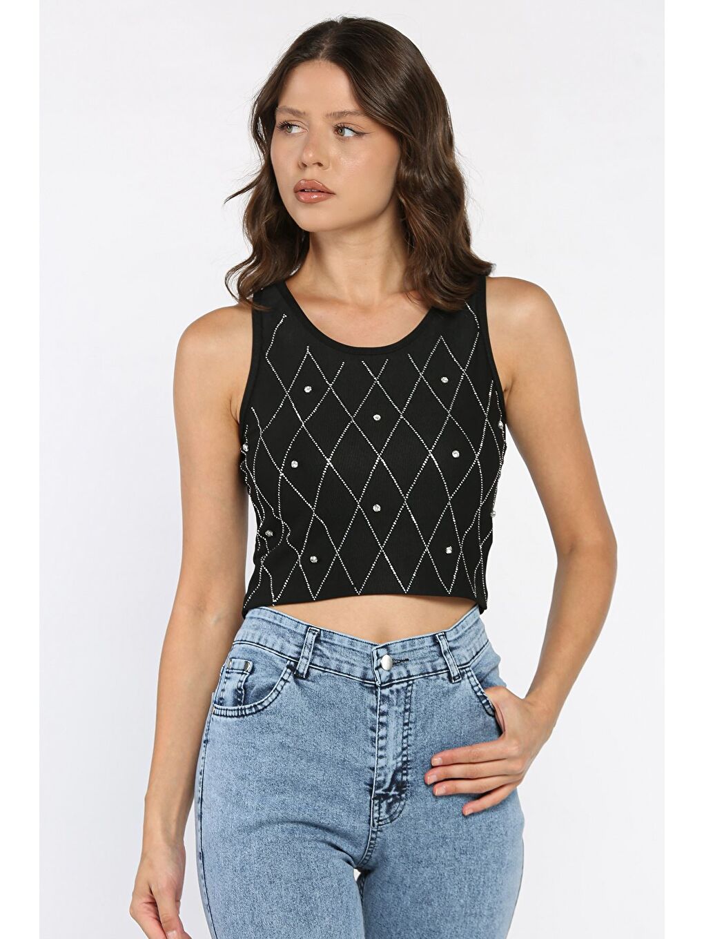 Siyah Taşlı Sıfır Kol Crop Top Bluz-1