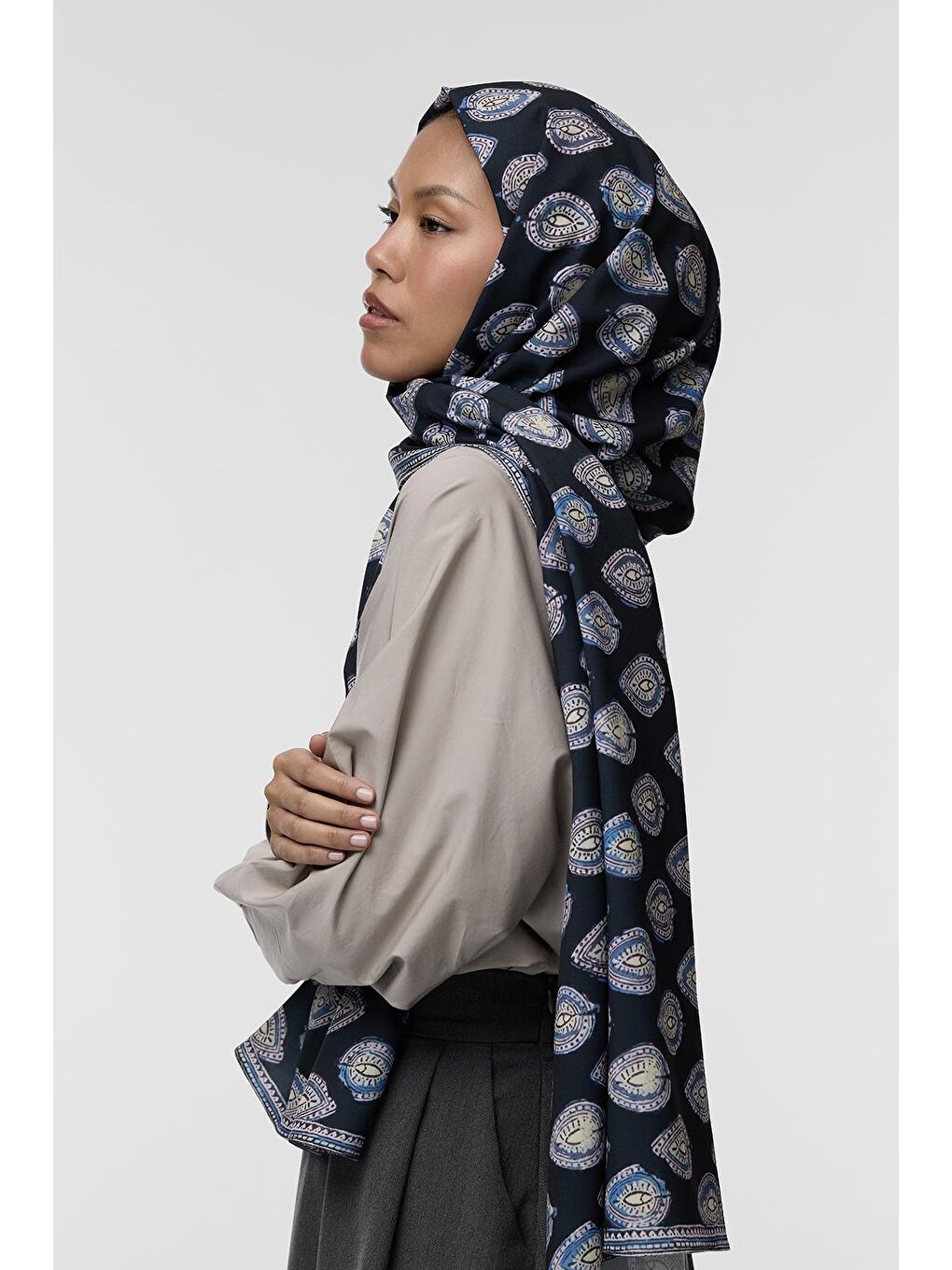 Lacivert Daily Print Şal Irone Desenli-4