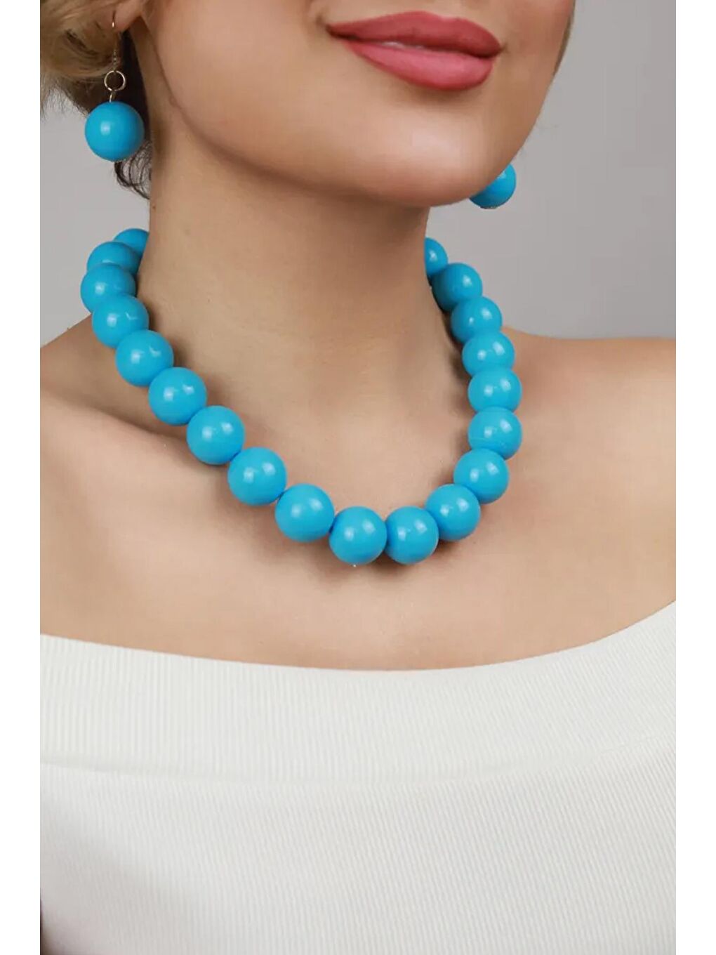 Turkuaz Büyük Boncuklu Kadın Kolye - 20mm Boncuklu-2