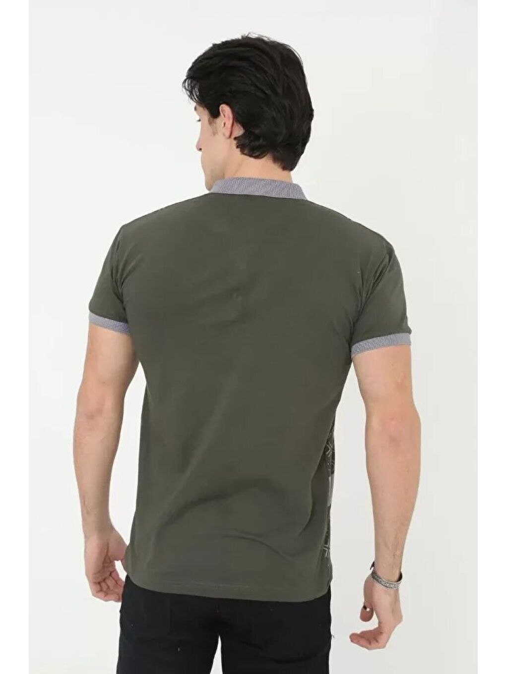 Erkek Yakalı Slim Fit Baskılı T-Shirt - Haki-1