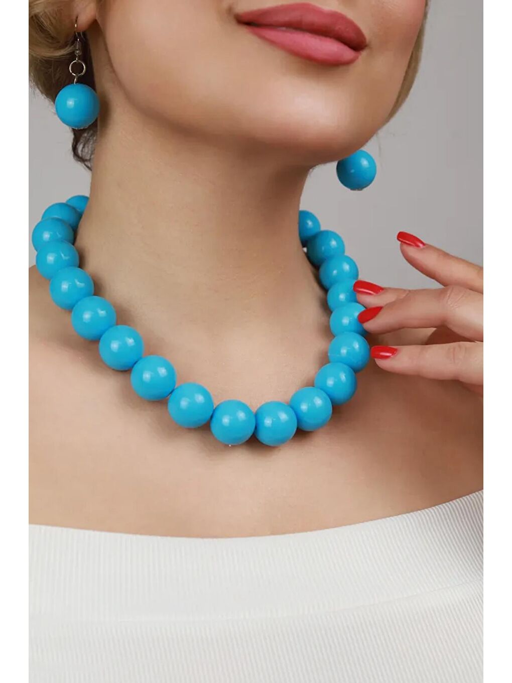 Turkuaz Büyük Boncuklu Kadın Kolye - 20mm Boncuklu-3