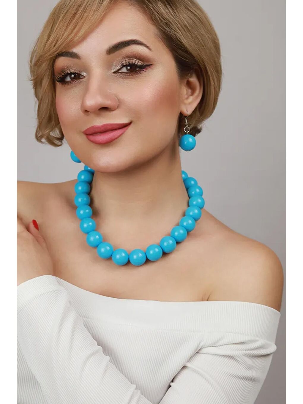 Turkuaz Büyük Boncuklu Kadın Kolye - 20mm Boncuklu-5