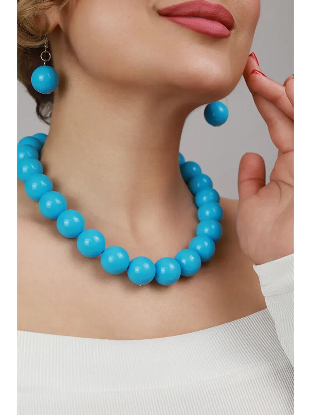 Turkuaz Büyük Boncuklu Kadın Kolye - 20mm Boncuklu-6