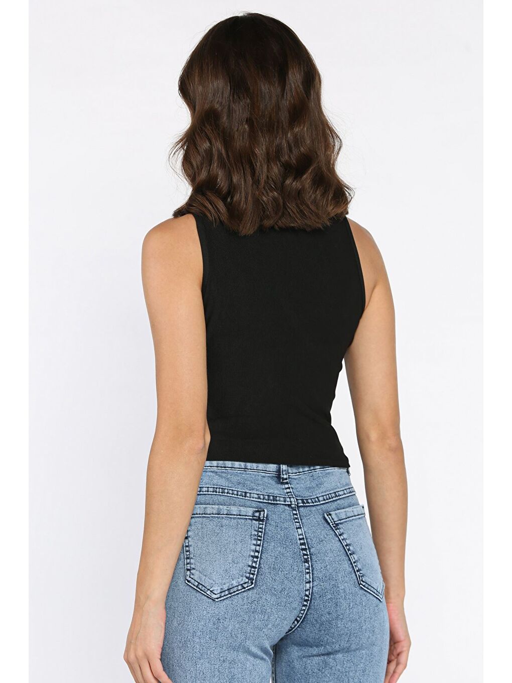 Siyah Taşlı Sıfır Kol Crop Top Bluz-3