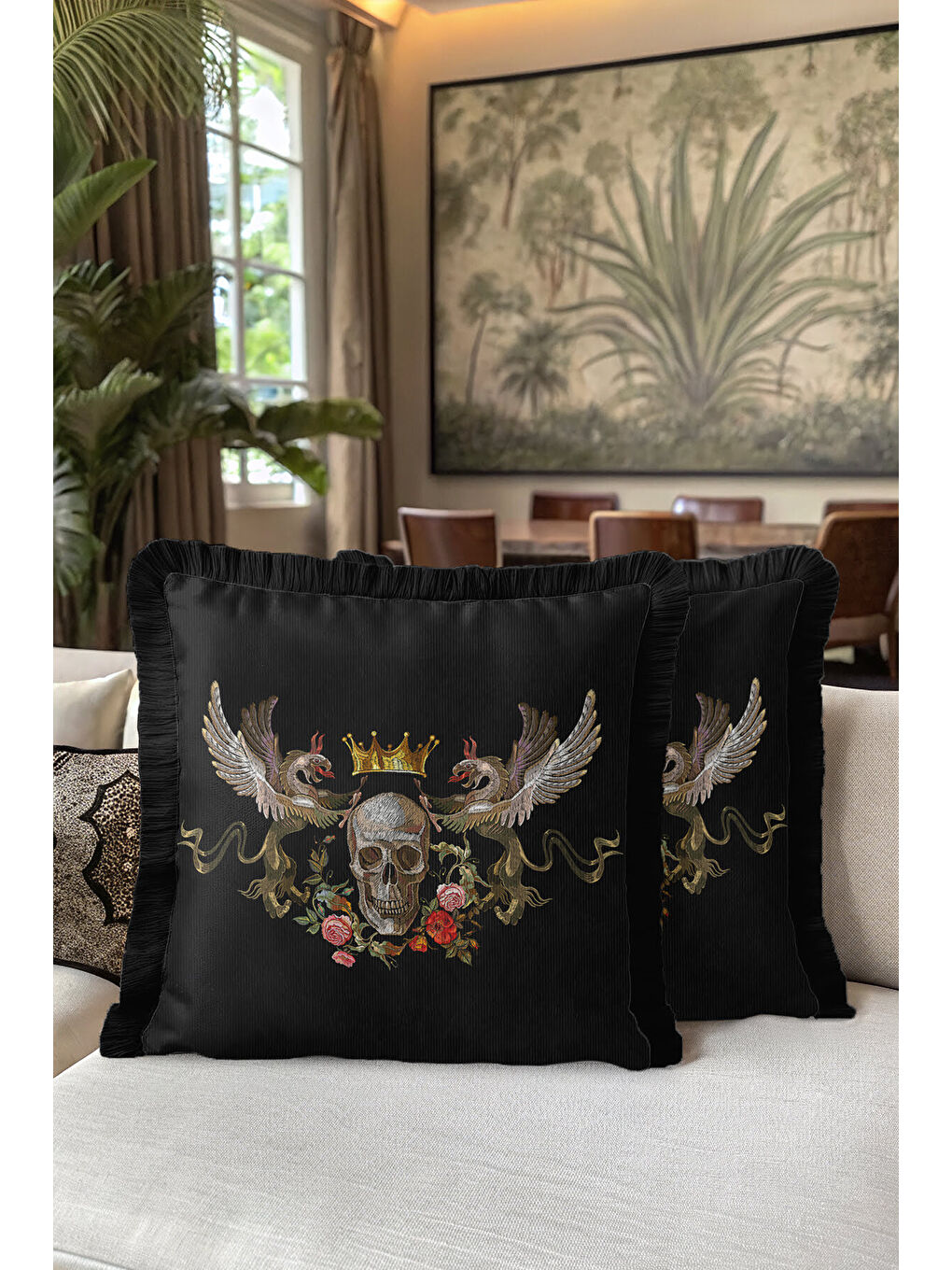 Karışık Gotik Kraliyet Saçaklı Yastık Kılıfı - Taçlı Kuru Kafa Barok Siyah Renk Bohem Püsküllü Kırlent Kılıf-5