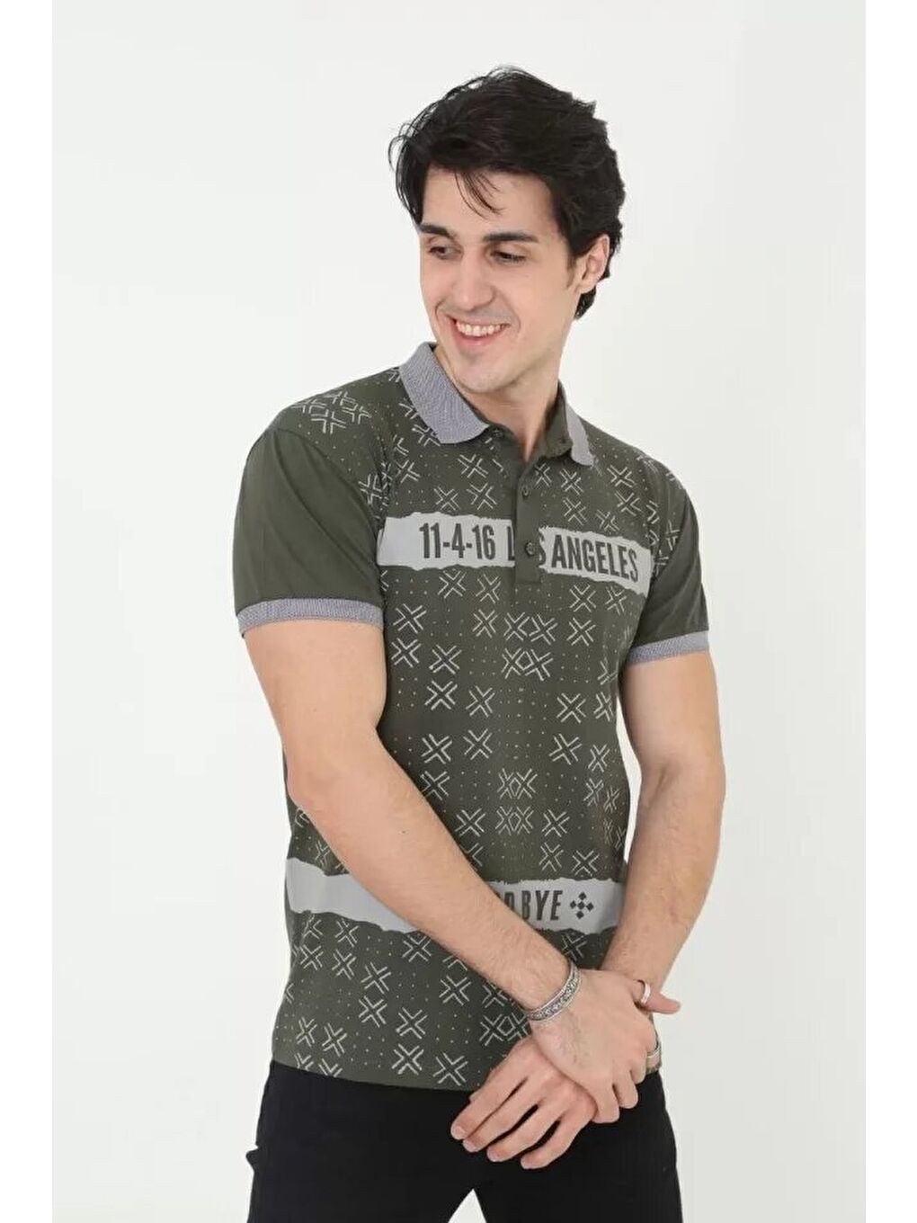 Erkek Yakalı Slim Fit Baskılı T-Shirt - Haki-3