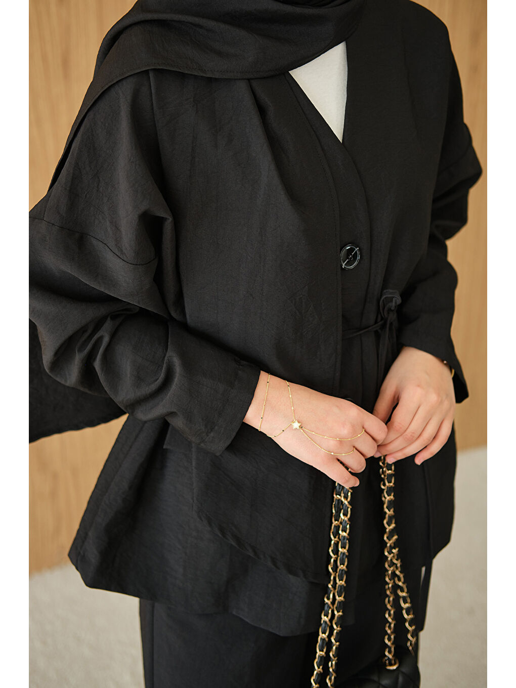 Kadın Gizli Düğme Detay V Yaka Takım Siyah-4