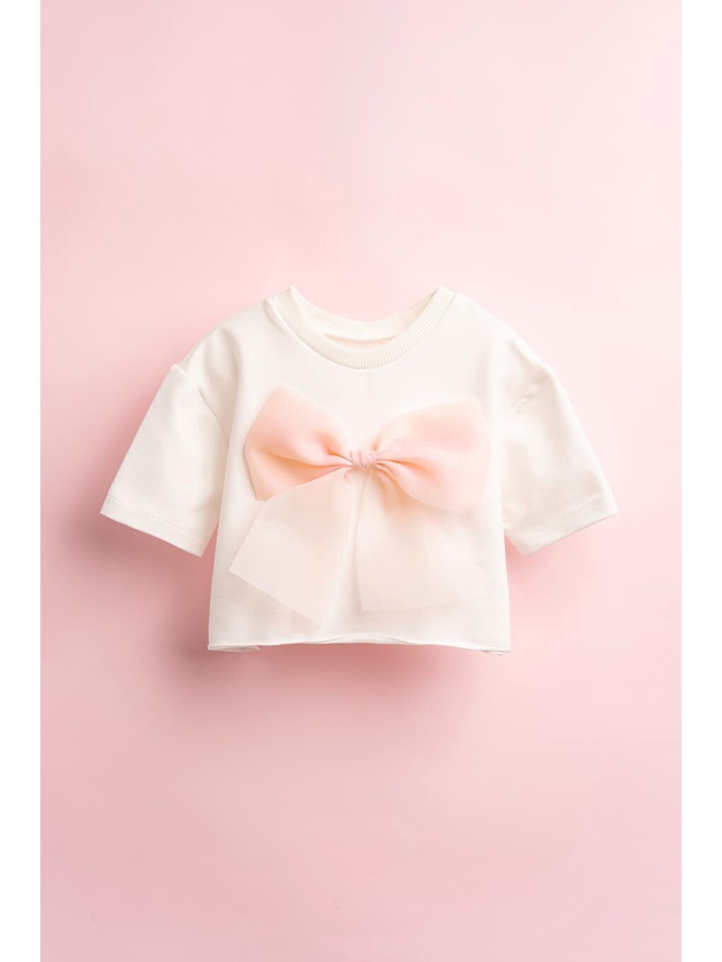 Pembe Leila Organze Fiyonklu Crop Kısa Kollu Kız Çocuk T-shirt