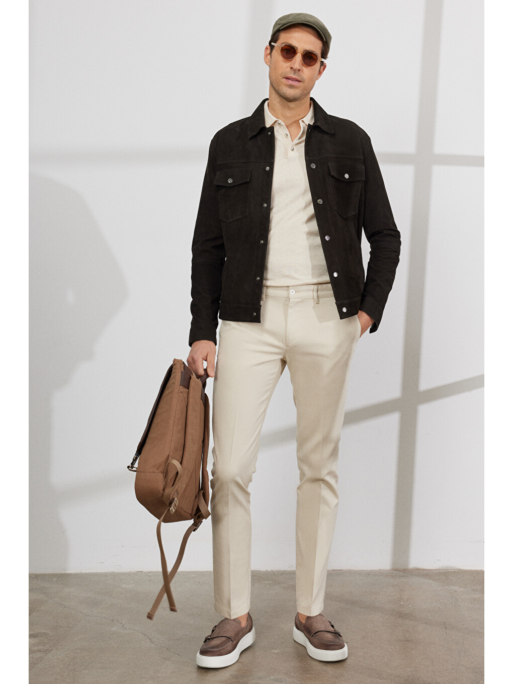 Erkek Ekru Slim Fit Dar Kesim Yan Cepli Pamuklu Esnek Armürlü Pantolon-5