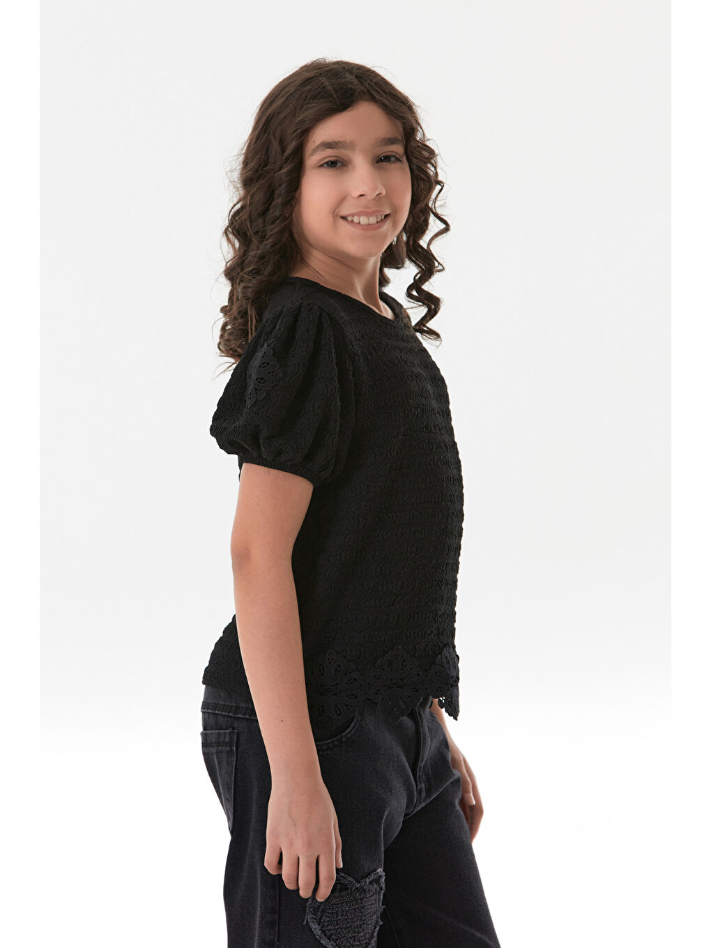 Siyah Beli Güpürlü Balon Kol Kız Çocuk Bluz-3