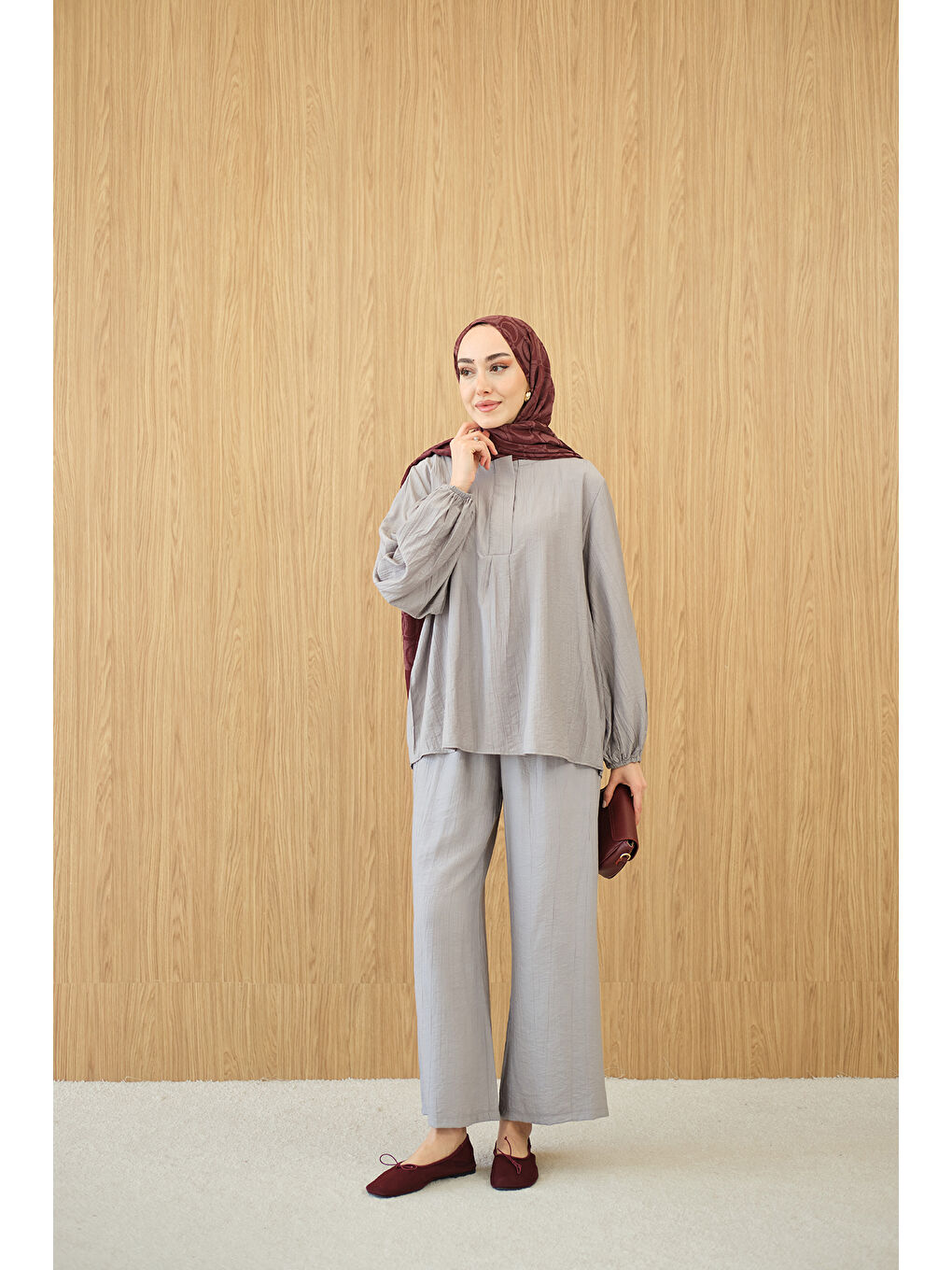 Kadın Gizli Fermuar Detaylı Takım Gri-4