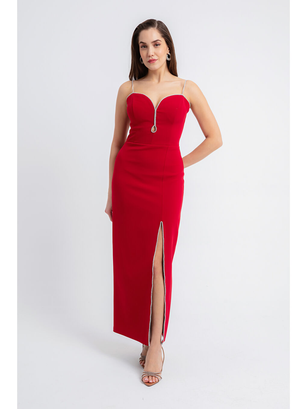 Kadın Kırmızı Taş Askılı Yırtmaçlı Midi Abiye Elbise-2