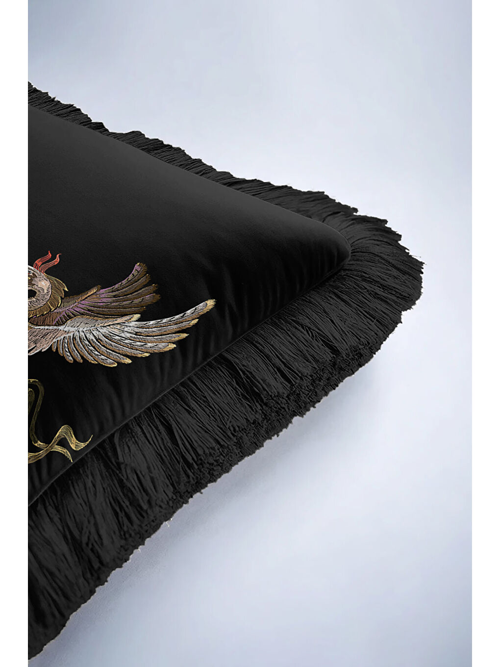 Karışık Gotik Kraliyet Saçaklı Yastık Kılıfı - Taçlı Kuru Kafa Barok Siyah Renk Bohem Püsküllü Kırlent Kılıf-6