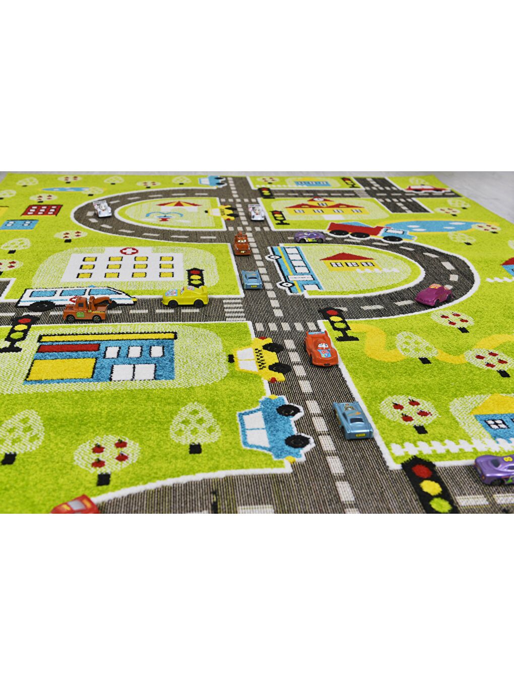 3 Boyutlu Yeşil Trafik Arabalı Dokuma Çocuk Oyun Halısı-140x200-3