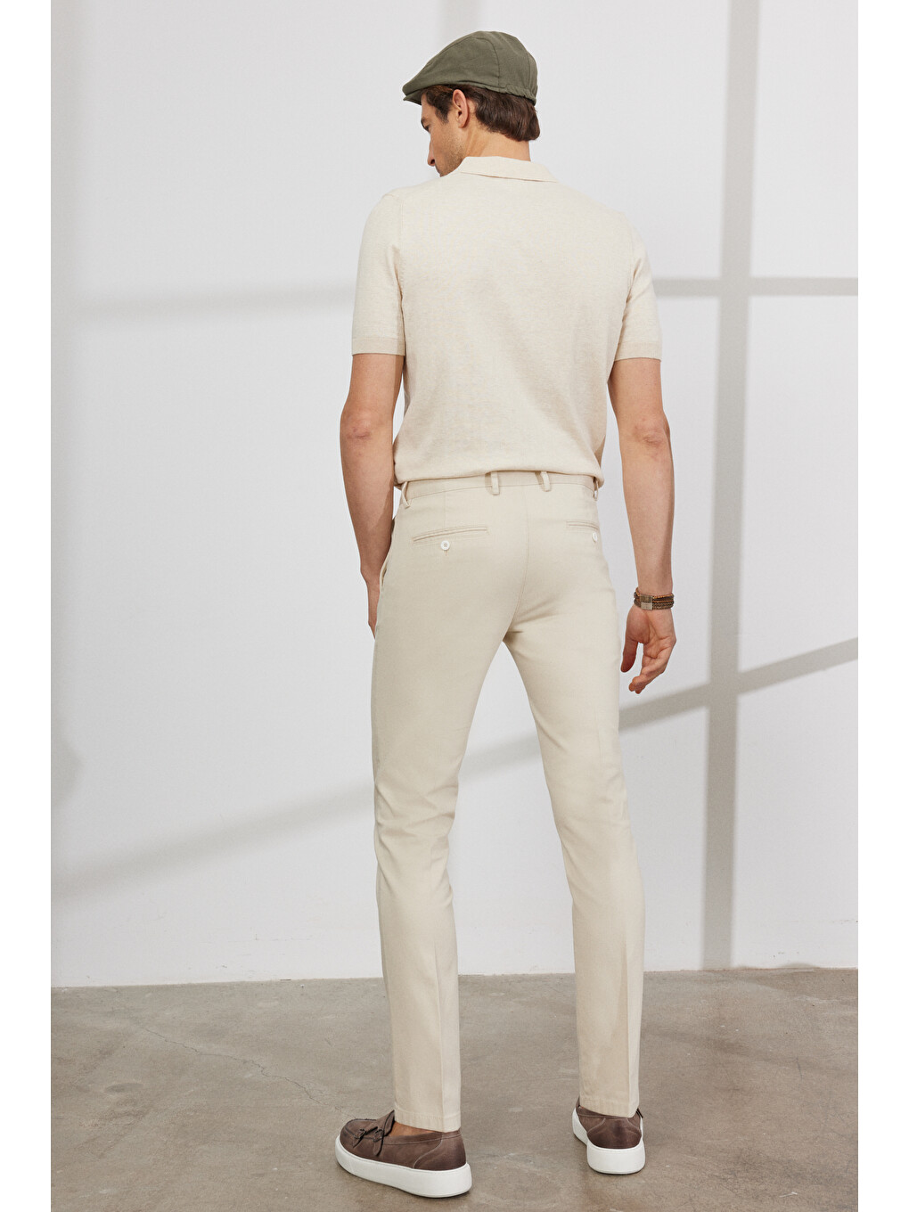 Erkek Ekru Slim Fit Dar Kesim Yan Cepli Pamuklu Esnek Armürlü Pantolon-6