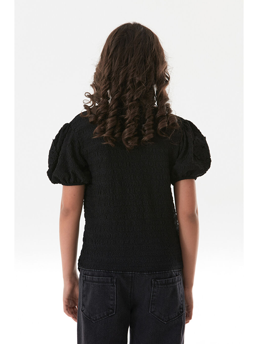 Siyah Beli Güpürlü Balon Kol Kız Çocuk Bluz-4