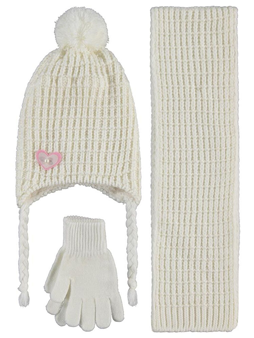 Girls 2-5 Yaş Atkı Bere Eldiven Set - Ekru Standart